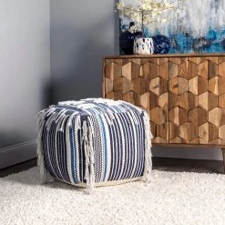 NuLOOM Hydra Denim Striped Fringe Filled Ottoman Pouf New Arrivals