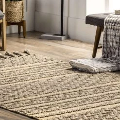 NuLOOM New Arrivals Elenora Wool And Jute Textured Diamond Aztec Braided Tassel Area Rug